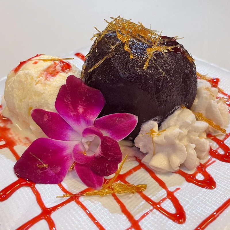 Red Apple Poached in Mulled Wine with Vanilla Ice Cream